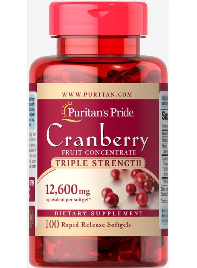 Puritan's Pride Triple Strength Cranberry Fruit Concentrate 12,600 Mg, Supports Urinary and Bladder Health, 100 Count